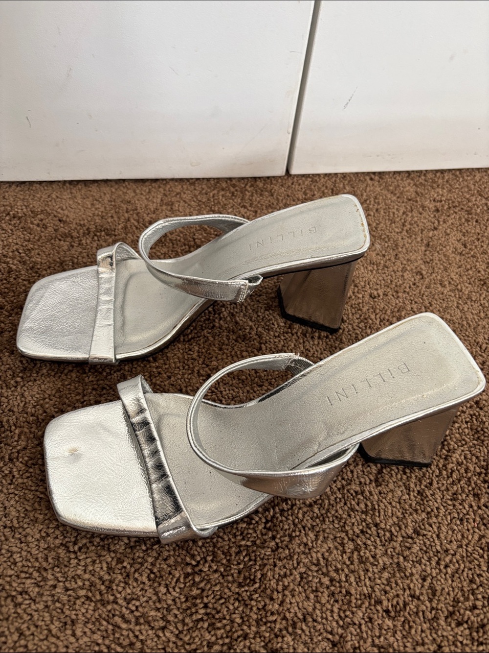 Billini Silver Metallic Block Heel Sandals with Square Toe